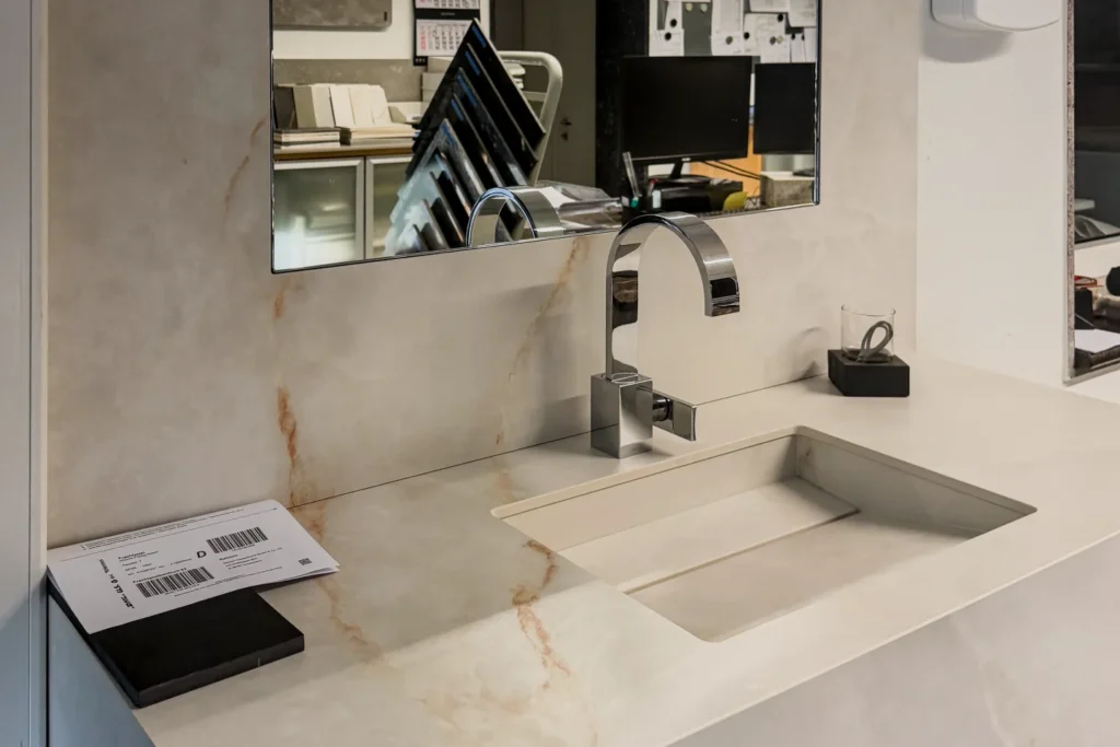 Spülbecken in einer hellen Küchenarbeitsplatte mit schwenkbarem Wasserhahn und Spiegel in der Rückwand