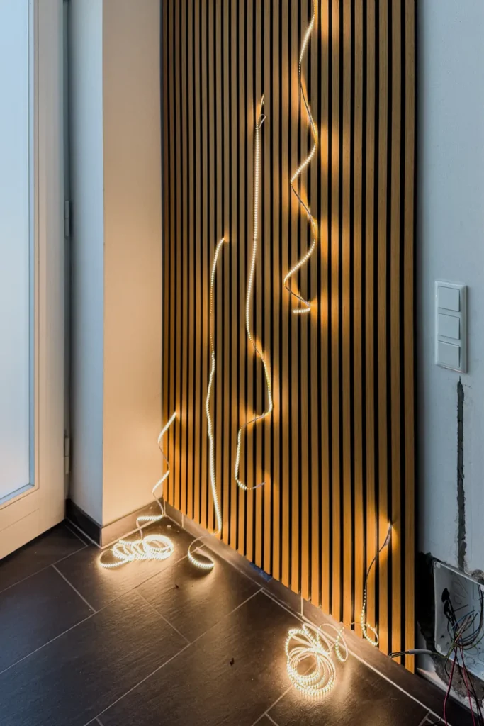 Leuchtende LED-Umrandung an einer Holzlamellenwand; Fliesenboden und Lichtschalter an der Seite.
