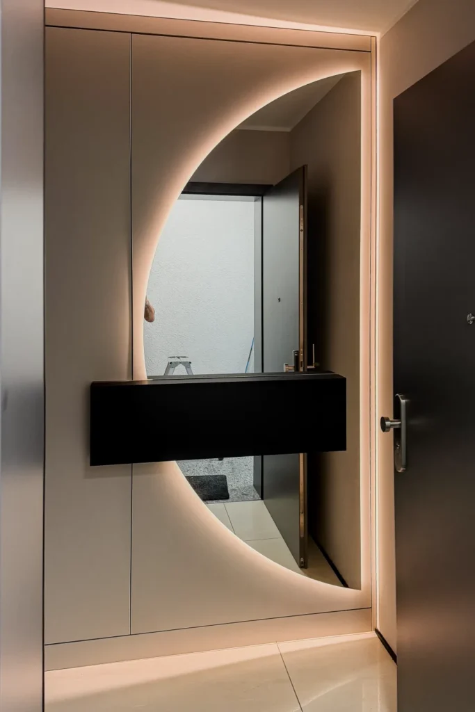 Beleuchteter Frontspiegel mit schmalem Schrank in der Diele, Blick in den Flur
